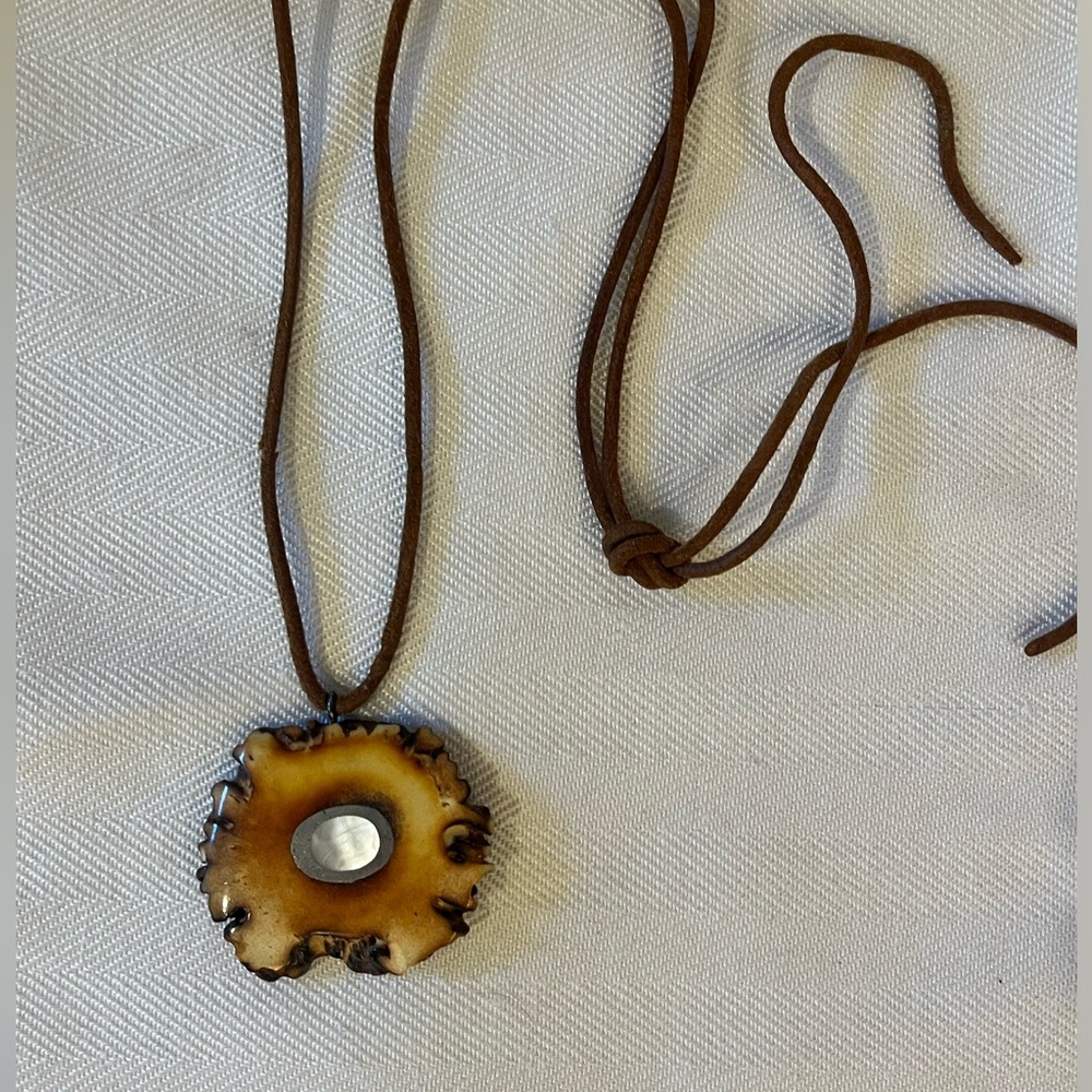 Antler medallion necklace with silver and shell inlay,‎ brown cord, very unique